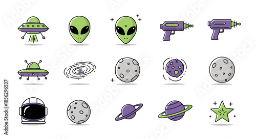 Set of illustrated icons related to outer space, including aliens, UFOs, astronaut helmet, planets, and a laser gun