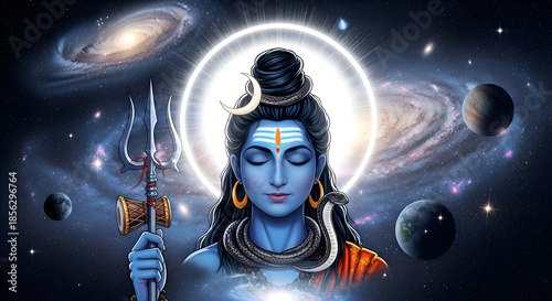 A captivating digital painting portraying the divine figure of Lord Shiva immersed in a cosmic setting surrounded by a mesmerizing display of swirling stars planets and celestial bodies 