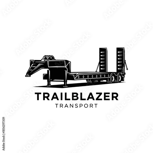 Black and white illustration of a horse trailer with the text Trailblazer Transport.