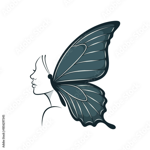Woman's face with a butterfly wing instead of hair.