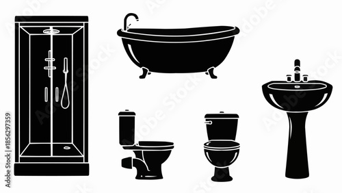Collection of bathroom fixtures in silhouette style.