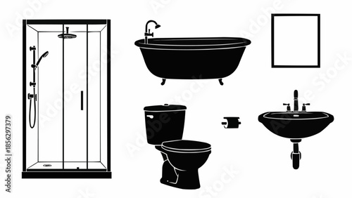 Bathroom fixtures silhouette set including shower toilet sink and bathtub.