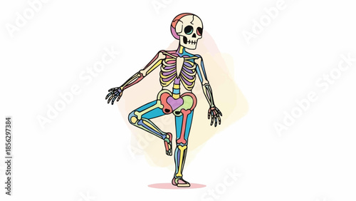 Human skeleton anatomy with colorful bones in a yoga pose.