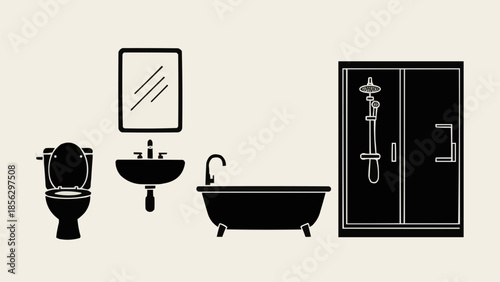 Bathroom interior design elements silhouette collection.