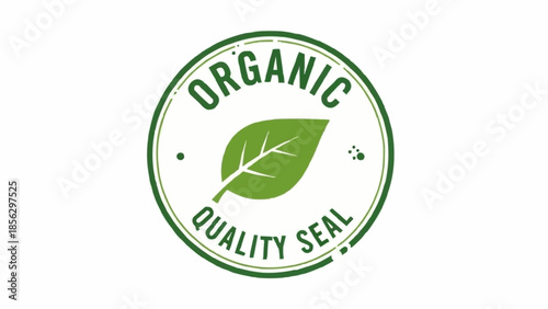 Organic Quality Seal Stamp with Green Leaf Symbol.