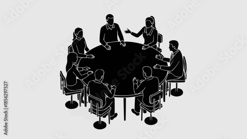 Diverse group of people sitting around a circular conference table discussing ideas.