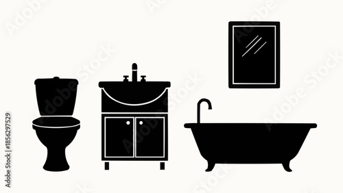 Bathroom fixtures silhouette set including toilet sink bathtub and mirror.