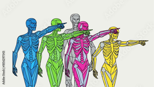 Diverse human skeletons pointing in different directions symbolizing choice.