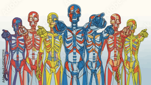 Diverse Group of Colorful Human Anatomy Skeletons Standing Together.