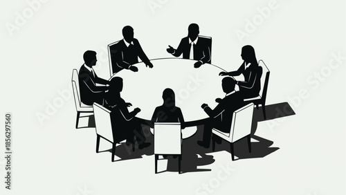 Business meeting around a round table with silhouettes of people.