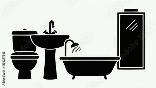 Bathroom fixtures silhouette including toilet sink bathtub and mirror.