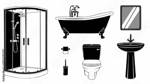 Bathroom fixtures including shower, bathtub, toilet, sink, and mirror.