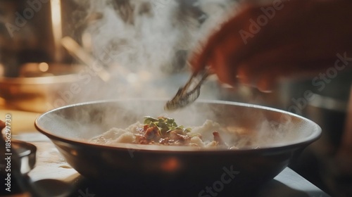 Culinary creation, Chef delicately garnishing a steaming gourmet dish