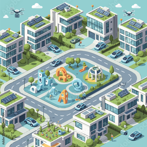 Smart City Isometric View Eco-Friendly Homes EVs Drones Green Spaces.