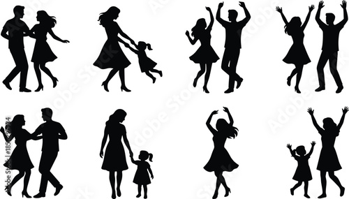Family dancing silhouette set isolated on white background, happy parents and children celebration movement concept black vector illustration