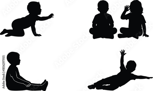 Children silhouette poses set isolated on white background, crawling sitting waving stretching playful kids development concept illustration black vector collection
