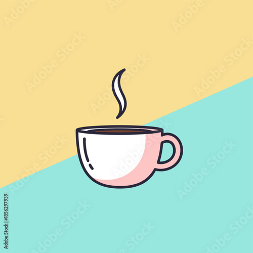 Illustration of a steaming cup of coffee with a simple design.