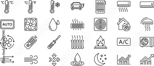 Climate control and HVAC line icons set featuring heating, cooling, ventilation, air conditioning, temperature, energy efficiency symbolsWeb