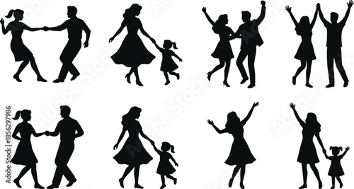 Happy family dancing silhouettes concept isolated on white background, joyful parents and children movement celebration lifestyle black vector illustration