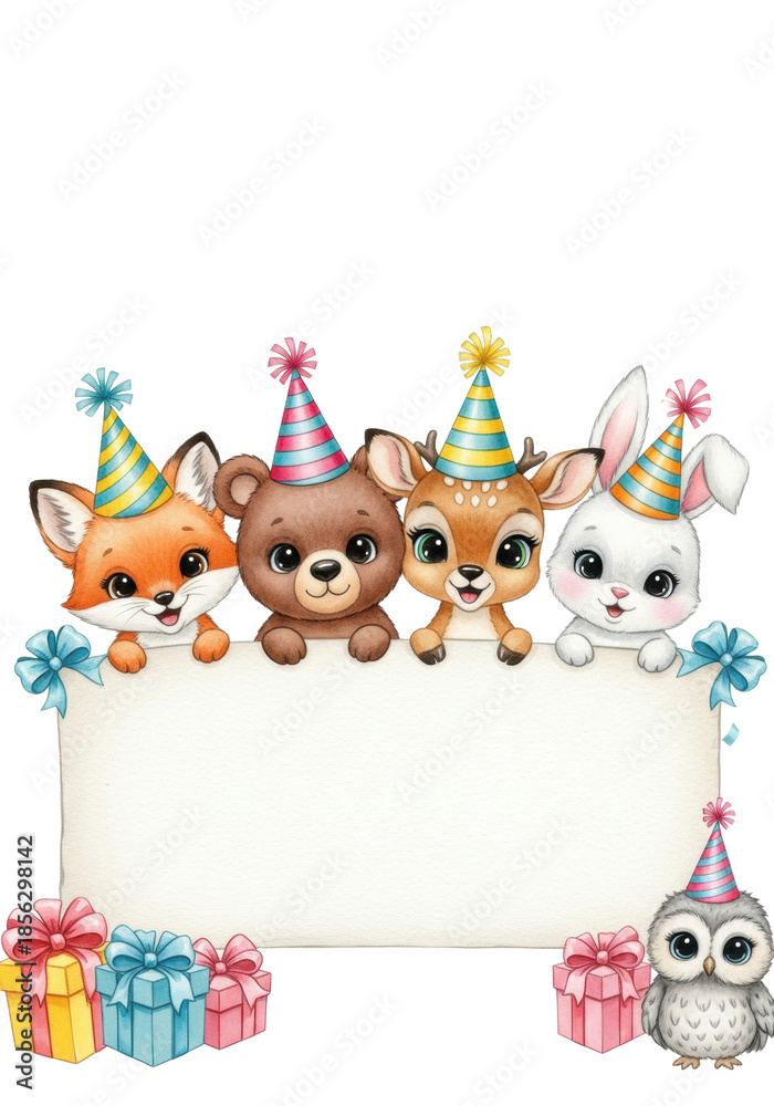 Fototapeta premium Five chibi baby animals (fox, bear, fawn, bunny, owl) in party hats, emerging over a blank watercolor copy space banner, bright white background. Concept for children's birthday invitation
