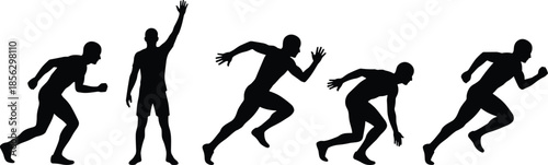Male athlete sprinting silhouette sequence isolated on white background, dynamic running motion speed fitness training concept black vector illustration set