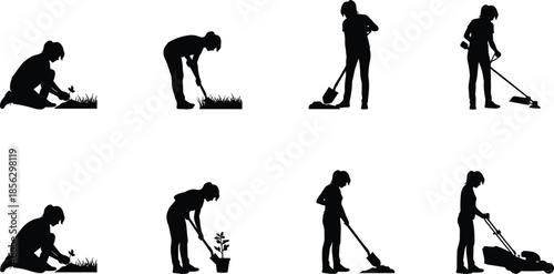 Woman gardening silhouette set isolated on white background, planting digging cleaning outdoor household work concept black vector illustration