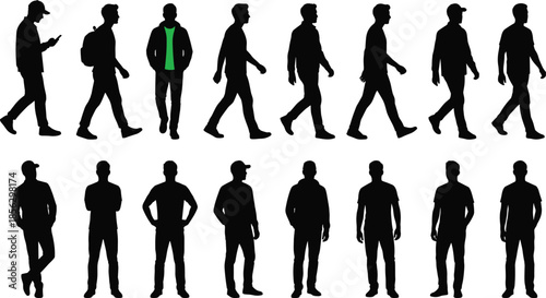 Young men walking standing silhouette set isolated on white background, casual male people poses lifestyle concept black vector illustration