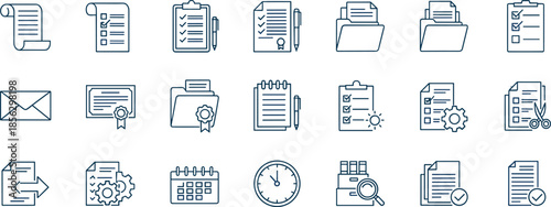 Document and office workflow outline icon set featuring files folders checklists calendars organization management symbols for web and app designWeb