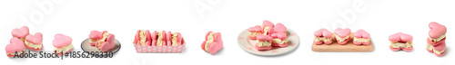 Collage of sweet heart-shaped macaroons on white background. Valentine's Day celebration