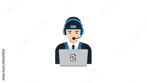 Customer service representative with headset and laptop icon.