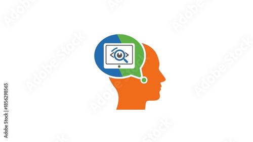 Human head silhouette with a thought bubble containing a computer screen showing an eye symbol.