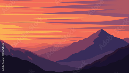 Minimalist Mountain Sunset Landscape Illustration with Colorful Sky