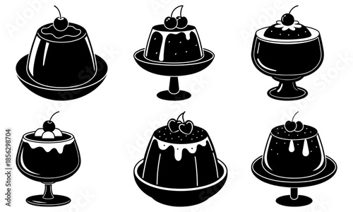 Six Black Dessert Puddings with Cherries on White Background chocolate cherry