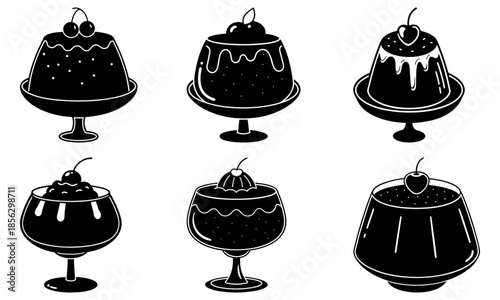 Six Chocolate Desserts on Cake Stands with Fruit Toppings in Black and White Silhouette