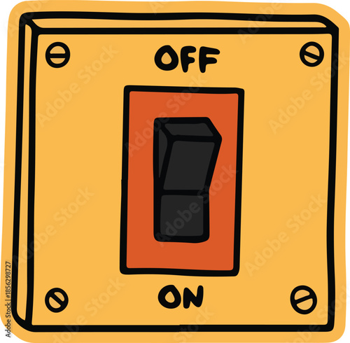 A yellow light switch with black switch and on off labels on a
