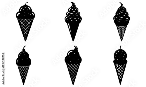 Five black ice cream cones with different toppings on white background dessert