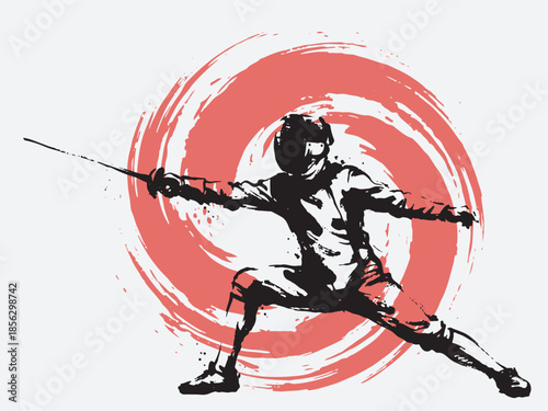 Fencer in motion with a sword, aggressive stance, dynamic pose, against a red swirling background, representing combat and sport.