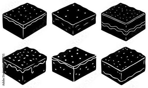 Six chocolate cake slices with white drizzle and sprinkles on white background dessert