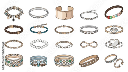 Collection of various bracelets and bangles with different designs and gemstones