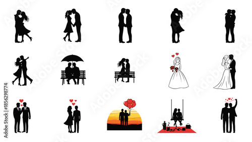 Collection of romantic couple silhouettes various poses and settings for valentines day