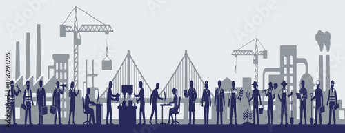 Diverse group of professionals and construction workers in front of an industrial cityscape with factories and cranes.