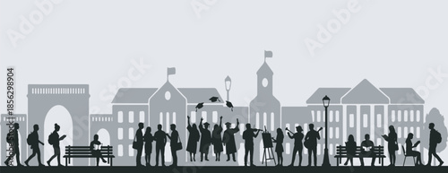 Silhouette of students celebrating graduation in front of university buildings with people walking and sitting on benches.