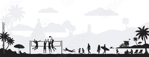 Silhouetted beach scene with people playing volleyball, surfing, and relaxing under palm trees.