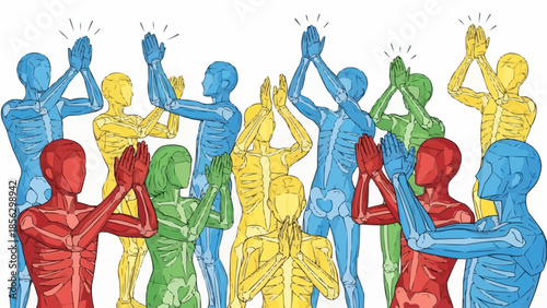 Diverse group of people celebrating with clapping hands and visible skeletons.