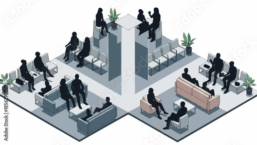 People Silhouettes Waiting in Modern Office Lobby Isometric View.