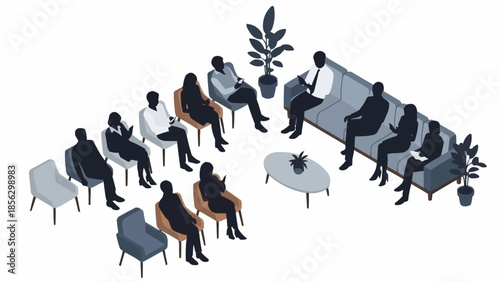 Group therapy session with diverse people sitting in a circle.