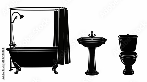 Vintage Bathroom Fixtures Silhouette Set.