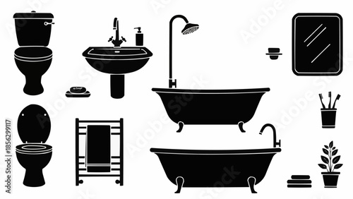 Collection of bathroom fixtures and accessories in silhouette style.