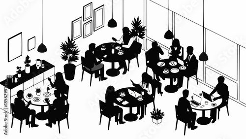 People meeting and dining in a modern cafe setting.