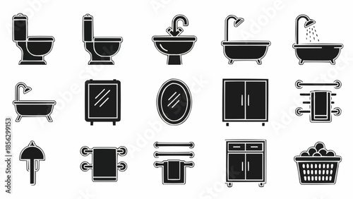 Collection of bathroom fixtures and accessories icons.